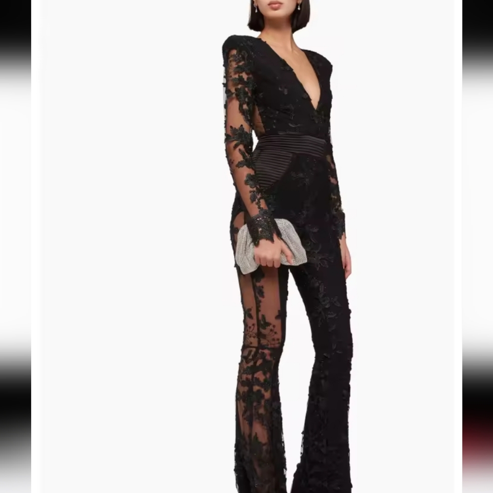 New Sexy Long Sleeve Floral Diamonds EmbroideryJumpsuit Women Black V Neck Mesh - Picture 2 of 9